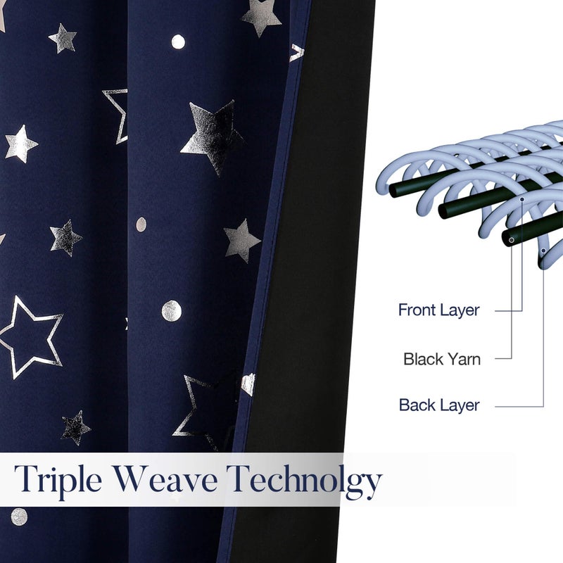 WUBODTI Boys Curtains Navy Blue 100% Blackout Star Curtains Cute Space Themed Thermal Insulated Room Darkening Blackout Short Drapes for Kids Room Nursery Boys Bedroom(W52 x L63, 2 Panels) - Image 2